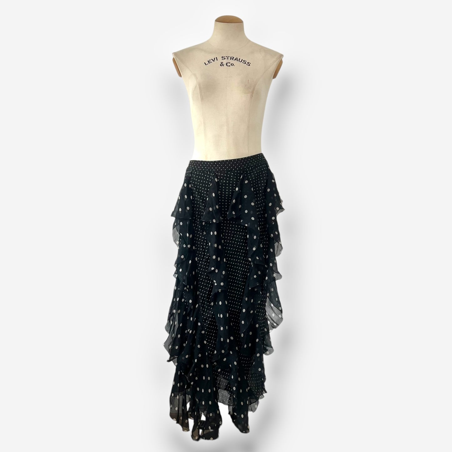 Valentino, Black Polka Dot Silk Ruffle Skirt, Early 2000s