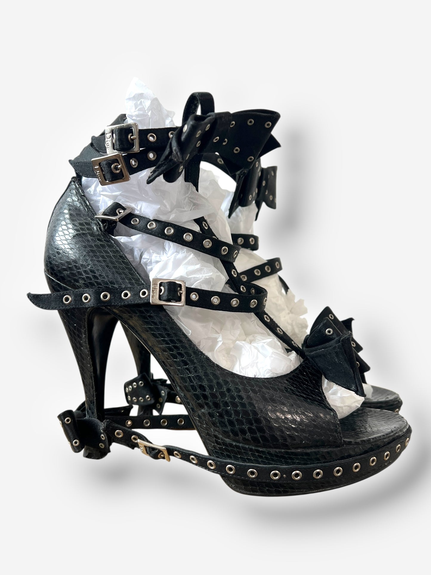 Christian Dior by John Galliano F/W 2003 Black Snakeskin Bow Buckle Heels – Runway Version