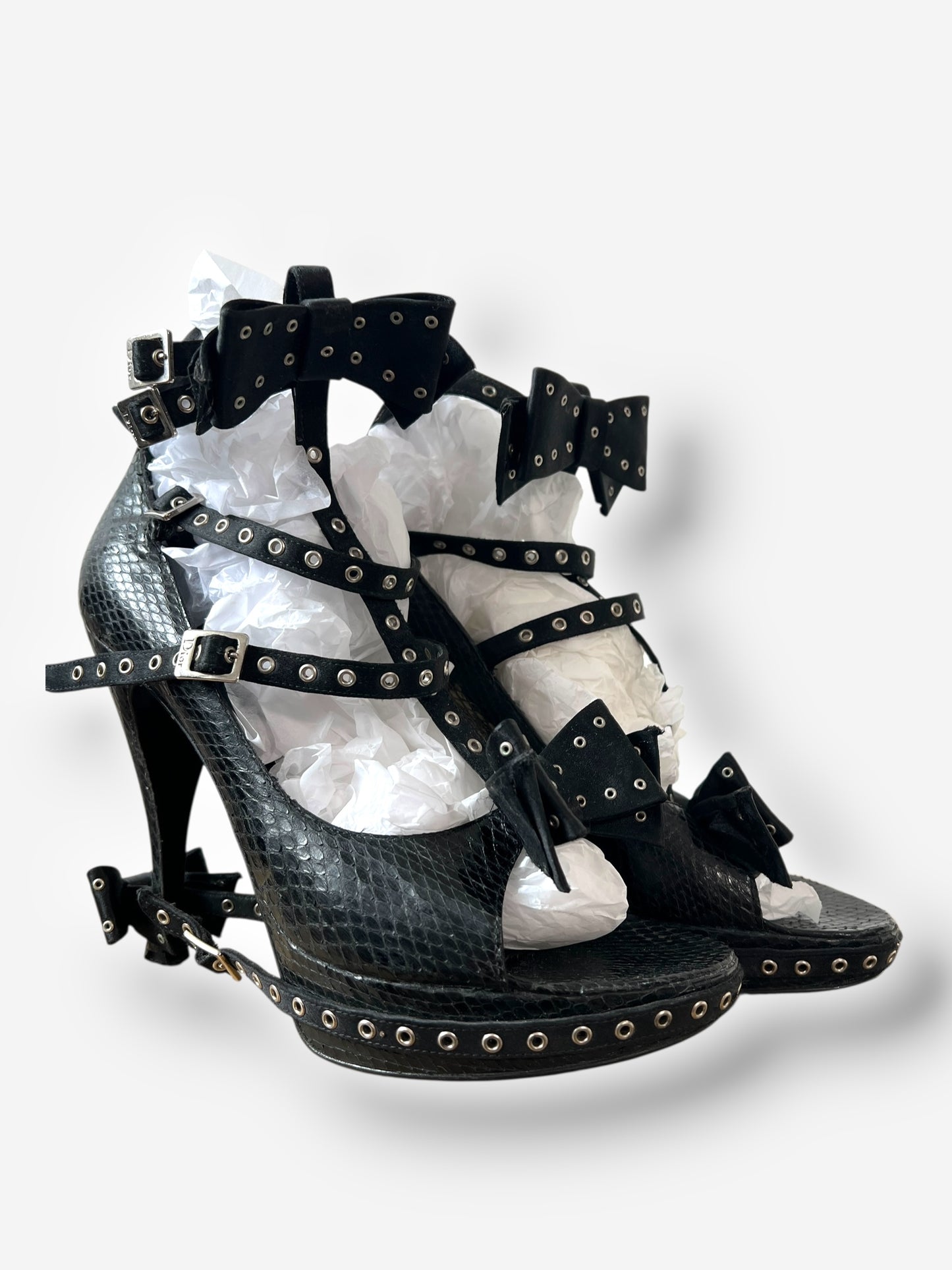 Christian Dior by John Galliano F/W 2003 Black Snakeskin Bow Buckle Heels – Runway Version
