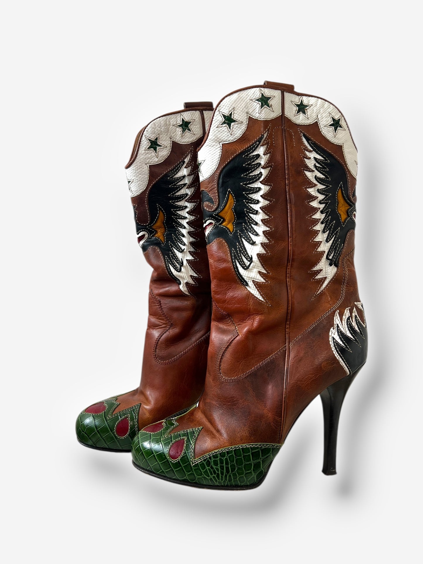 Dolce & Gabbana (D&G) Brown Leather Cowboy Boots with Butterfly Motif, Spring 2004
