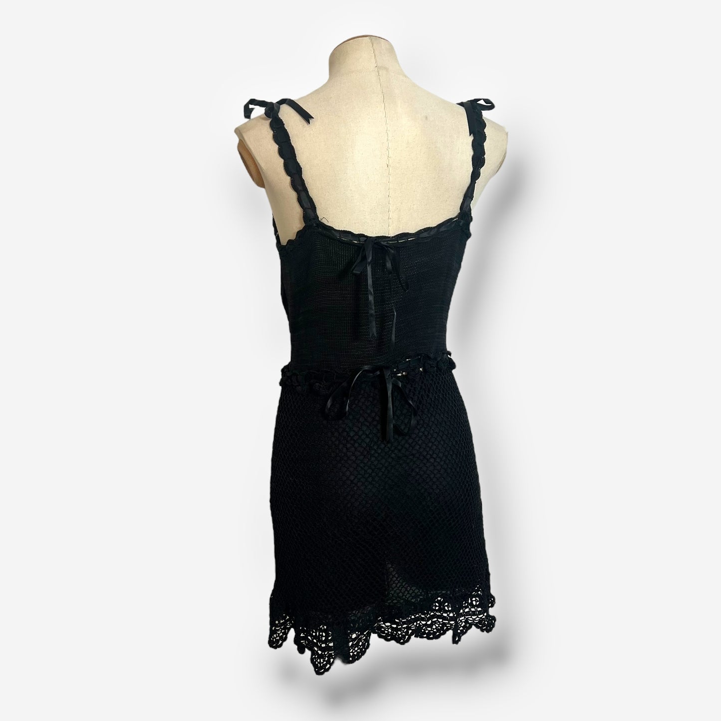 Moschino Cheap and Chic Black Crochet Mini Dress, 1990s
