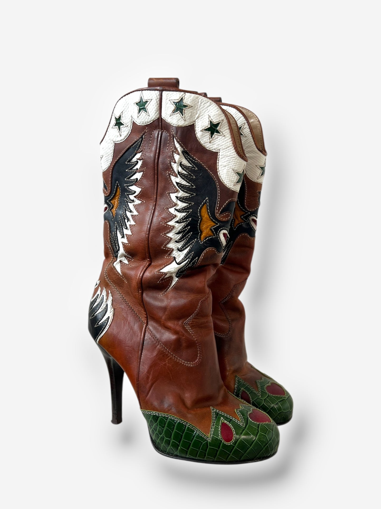 Dolce & Gabbana (D&G) Brown Leather Cowboy Boots with Butterfly Motif, Spring 2004