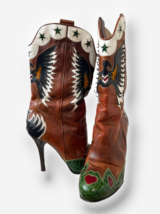 Dolce & Gabbana (D&G) Brown Leather Cowboy Boots with Butterfly Motif, Spring 2004