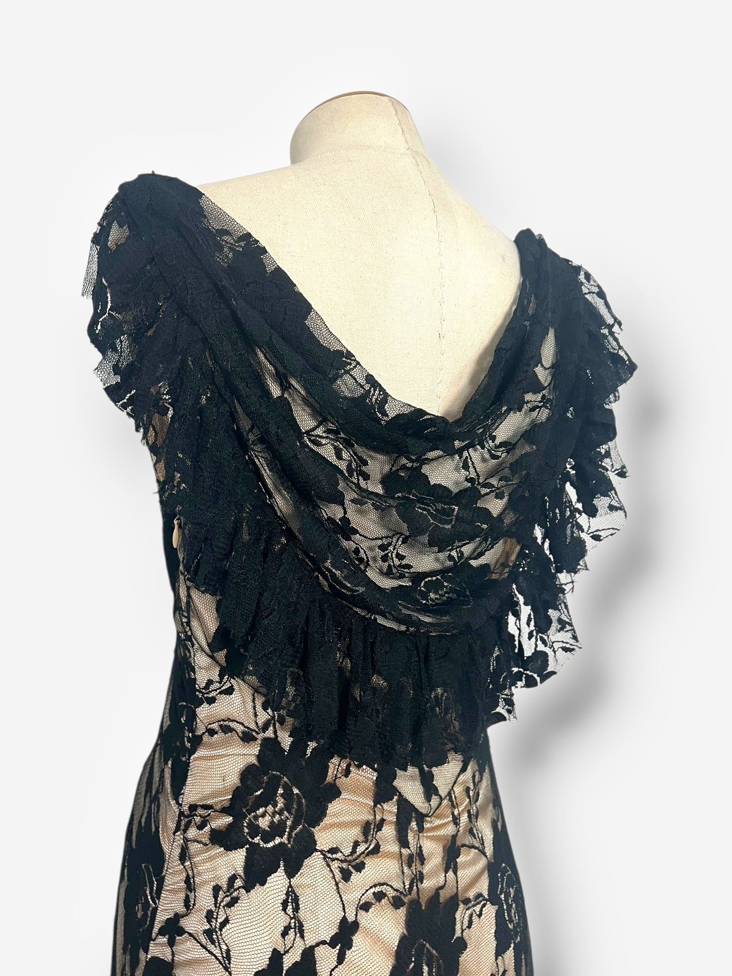 John Galliano, Spanish-Influenced Tiered Black Lace Bias-Cut Gown, 2010s
