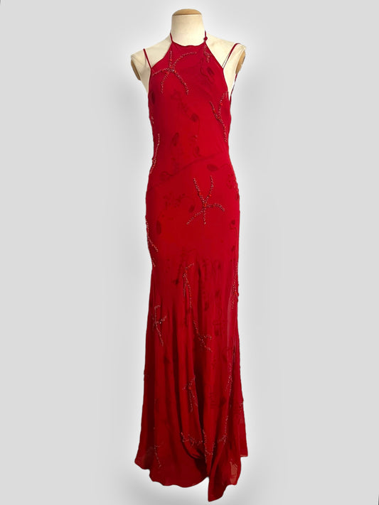 Lolita Lempicka Red Silk Beaded Halter Dress, Spring/Summer 2001