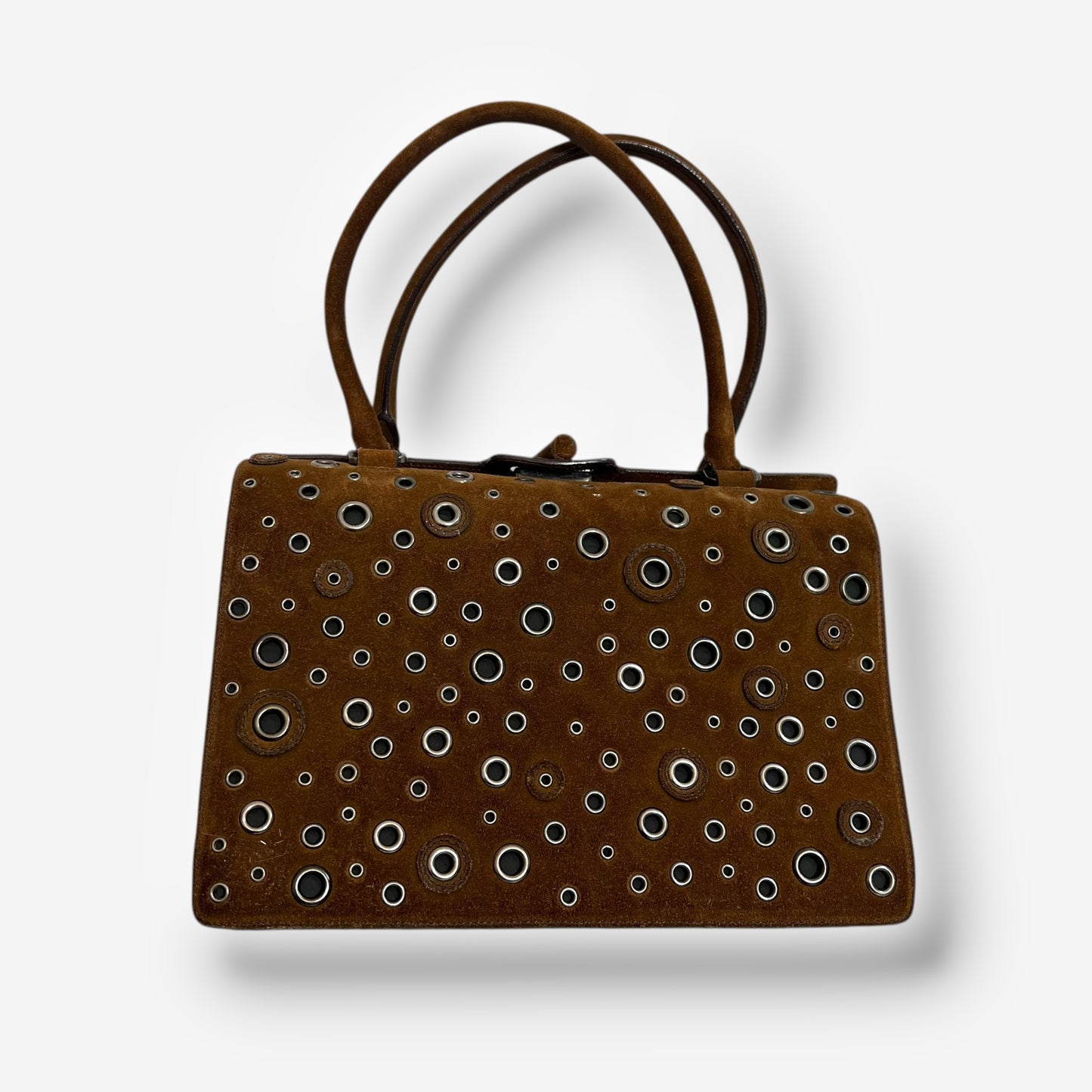 Prada 90s Brown Suede Eyelet Frame Bag