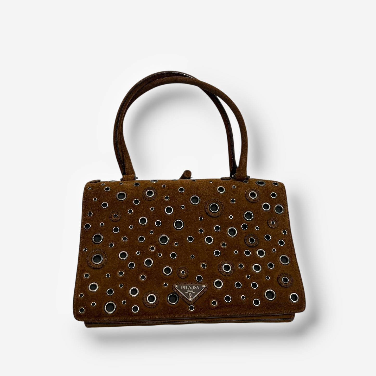 Prada 90s Brown Suede Eyelet Frame Bag