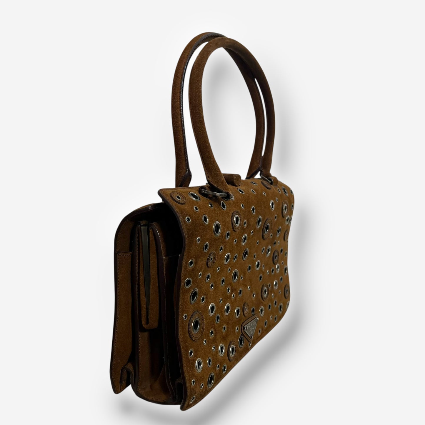 Prada 90s Brown Suede Eyelet Frame Bag