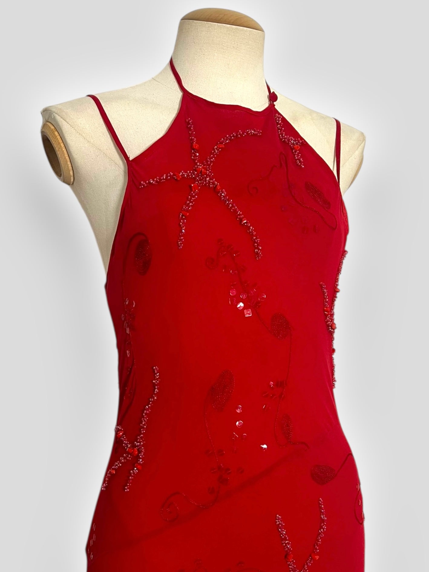 Lolita Lempicka Red Silk Beaded Halter Dress, Spring/Summer 2001