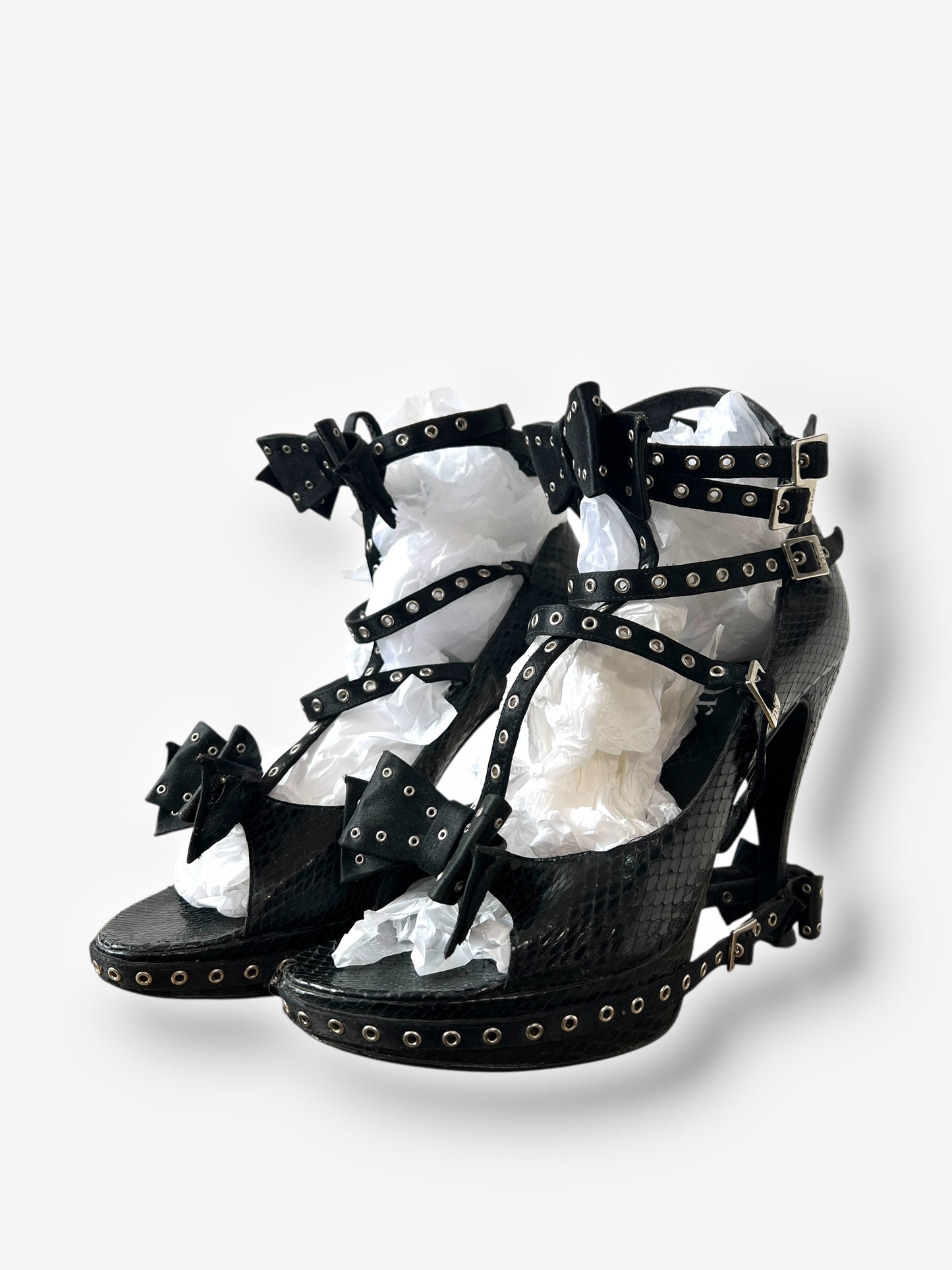 Christian Dior by John Galliano F/W 2003 Black Snakeskin Bow Buckle Heels – Runway Version