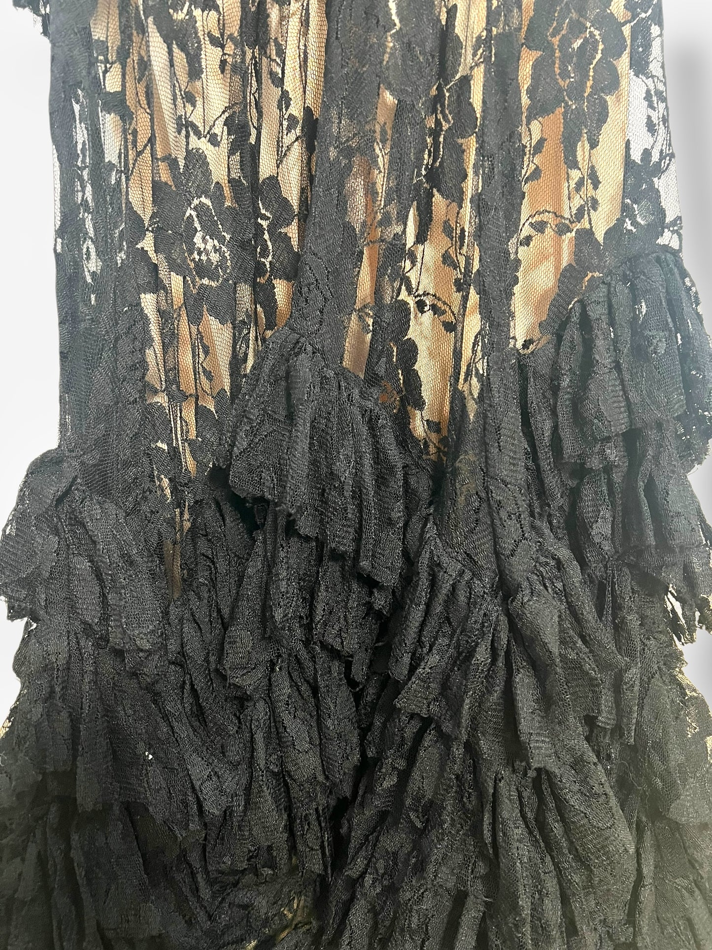John Galliano, Spanish-Influenced Tiered Black Lace Bias-Cut Gown, 2010s