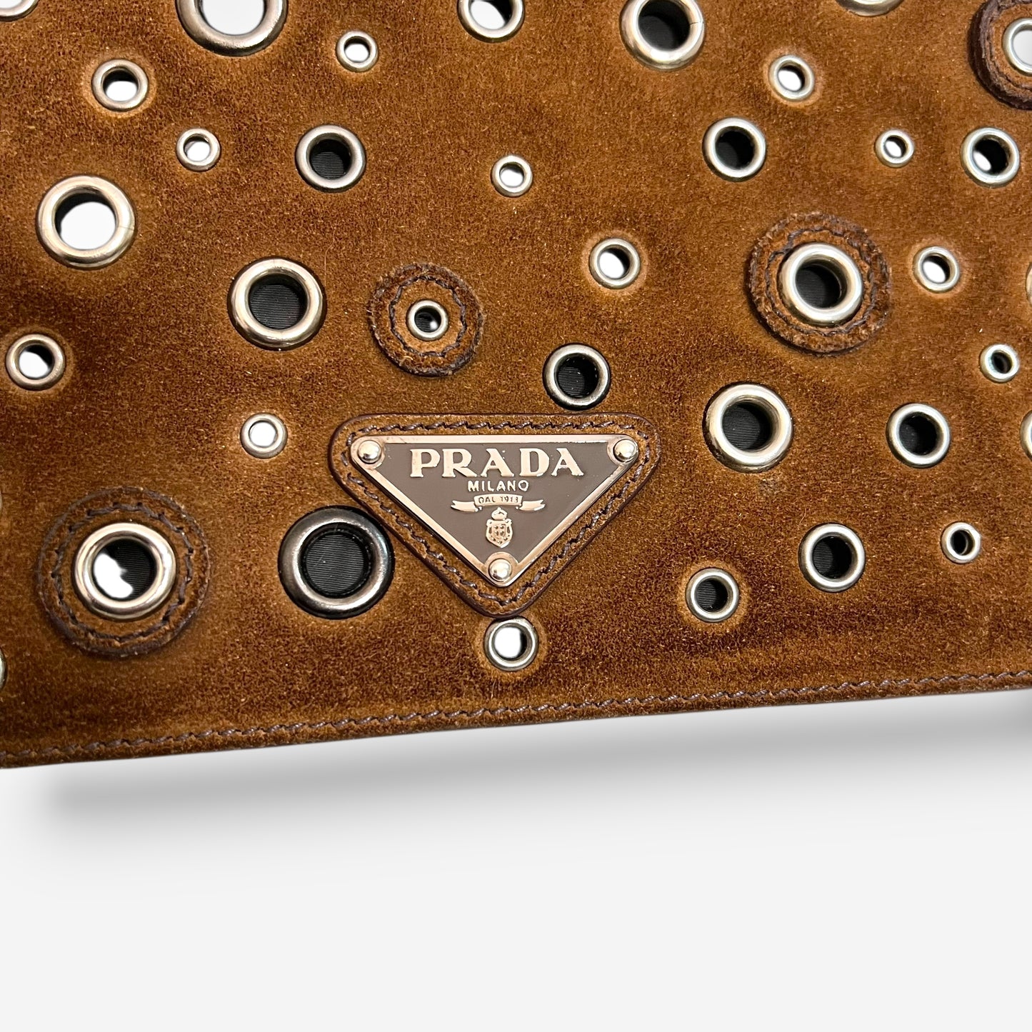 Prada 90s Brown Suede Eyelet Frame Bag