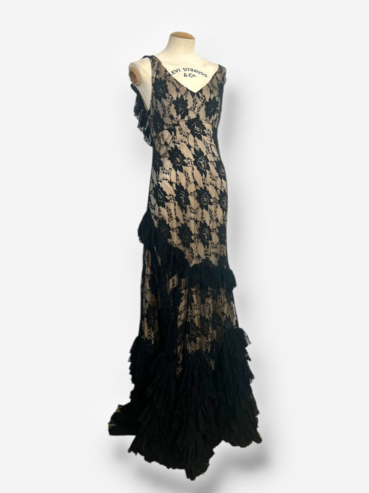 John Galliano, Spanish-Influenced Tiered Black Lace Bias-Cut Gown, 2010s