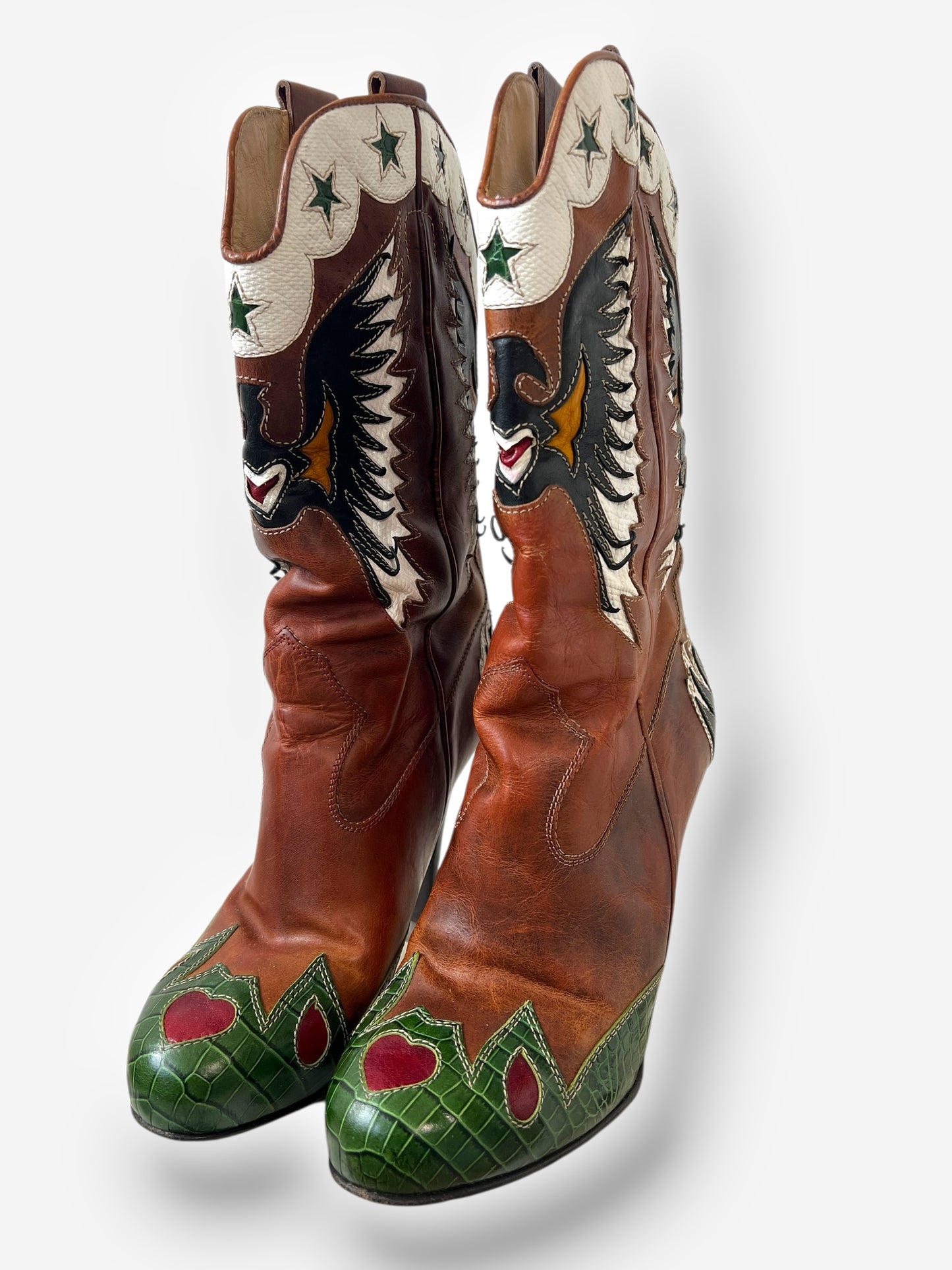 Dolce & Gabbana (D&G) Brown Leather Cowboy Boots with Butterfly Motif, Spring 2004