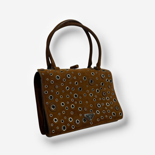 Prada 90s Brown Suede Eyelet Frame Bag