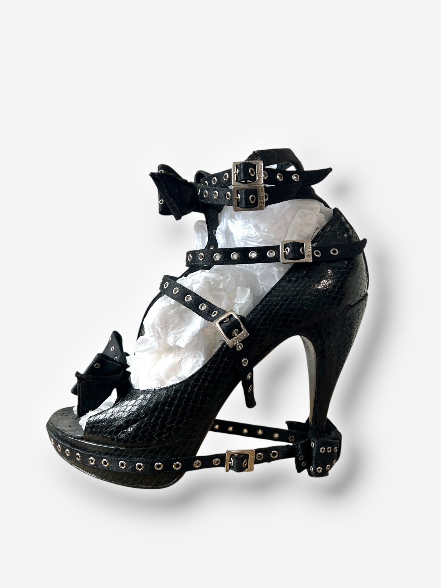 Christian Dior by John Galliano F/W 2003 Black Snakeskin Bow Buckle Heels – Runway Version