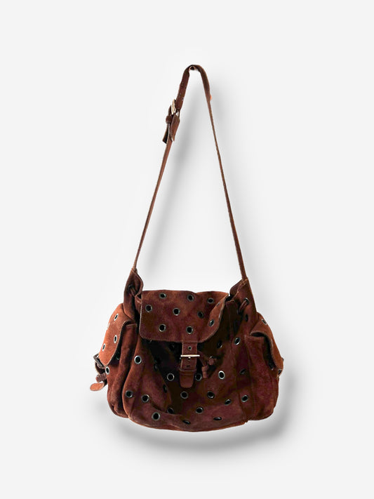 Prada F/W 1999 Brown Suede Grommet Shoulder Buckle Bag