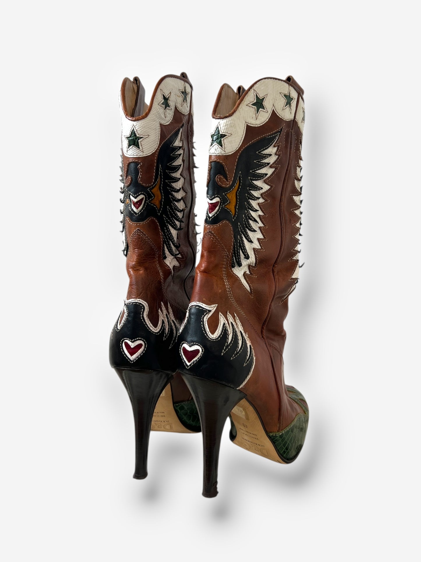 Dolce & Gabbana (D&G) Brown Leather Cowboy Boots with Butterfly Motif, Spring 2004