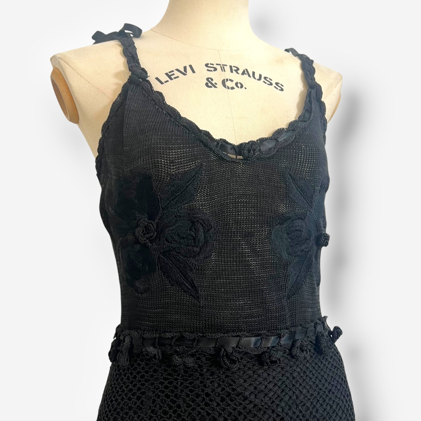 Moschino Cheap and Chic Black Crochet Mini Dress, 1990s