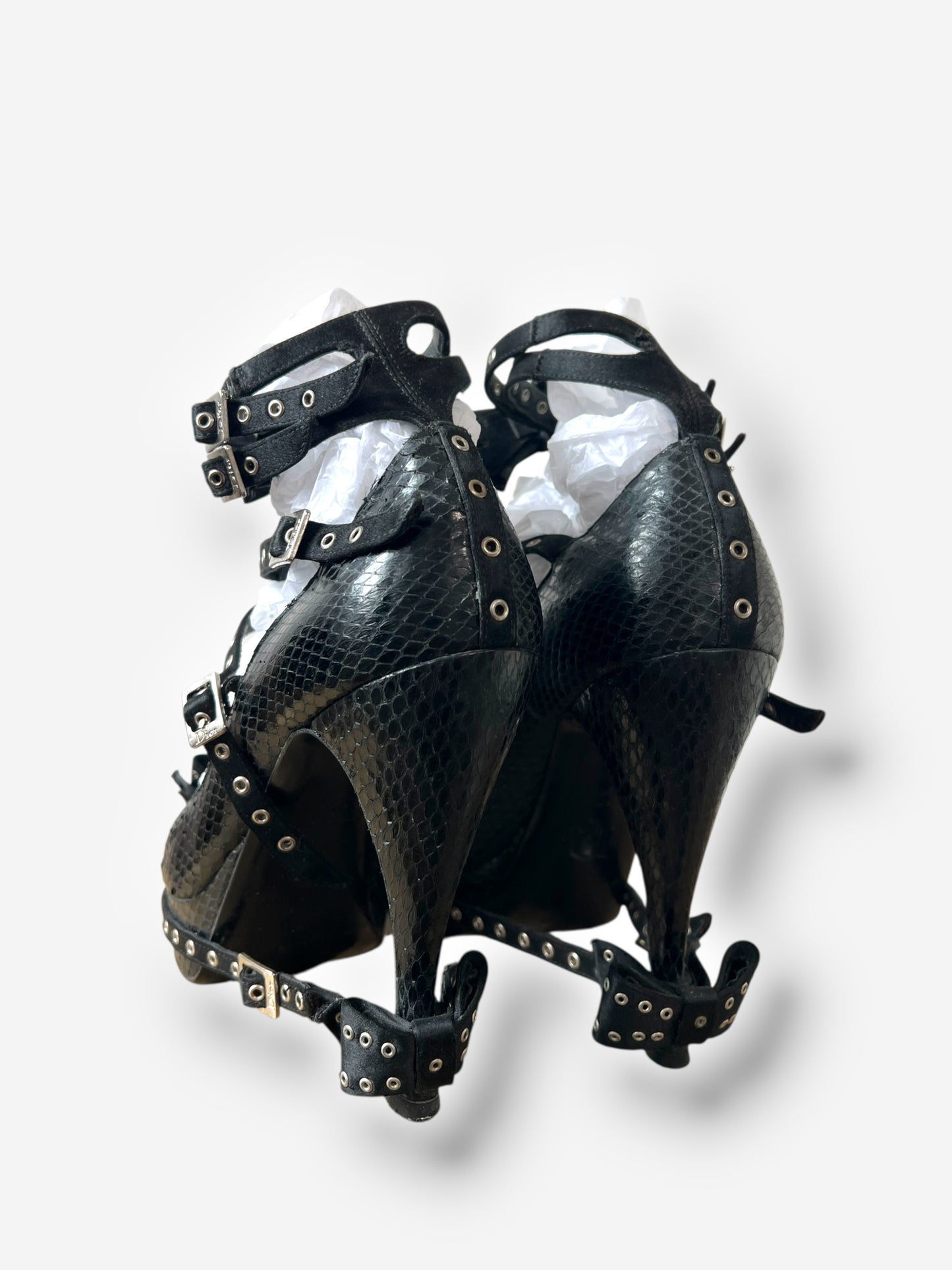 Christian Dior by John Galliano F/W 2003 Black Snakeskin Bow Buckle Heels – Runway Version