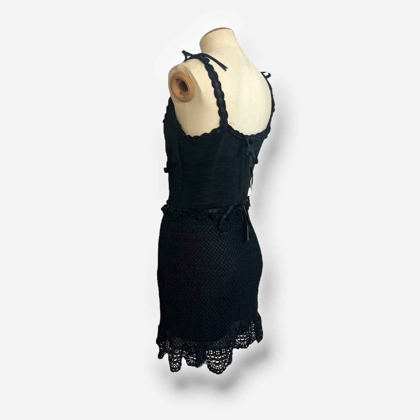Moschino Cheap and Chic Black Crochet Mini Dress, 1990s