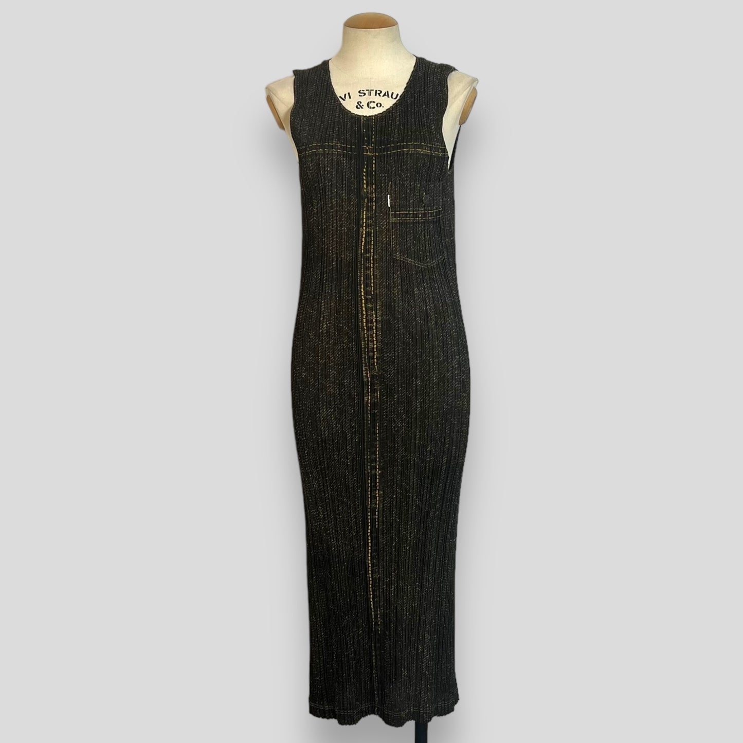 Issey Miyake Pleats Please Denim Pattern Long Dress (Polyester, Dark Blue Grey)