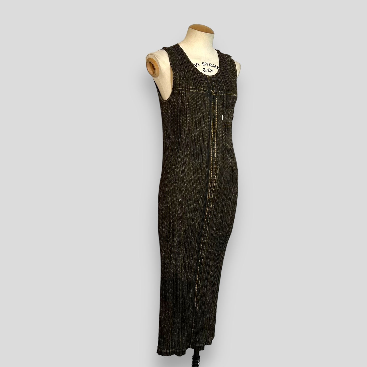 Issey Miyake Pleats Please Denim Pattern Long Dress (Polyester, Dark Blue Grey)
