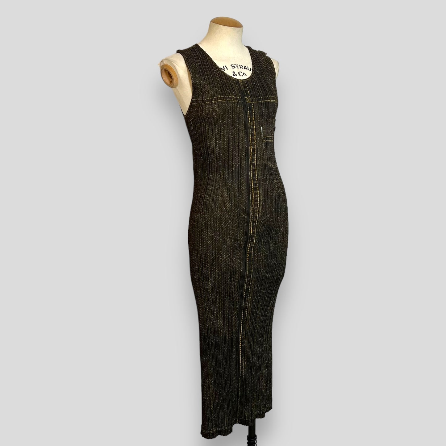 Issey Miyake Pleats Please Denim Pattern Long Dress (Polyester, Dark Blue Grey)