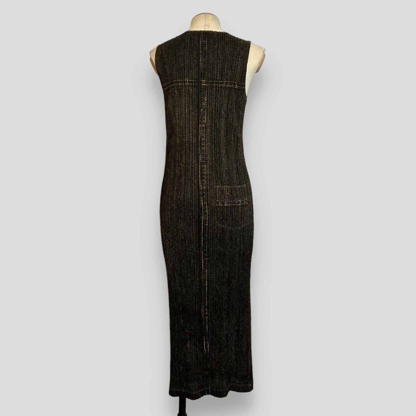 Issey Miyake Pleats Please Denim Pattern Long Dress (Polyester, Dark Blue Grey)