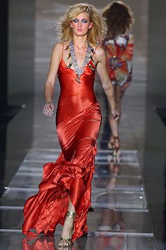 Roberto Cavalli Spring 2004 Orange Cut-Out Ruffle Gown