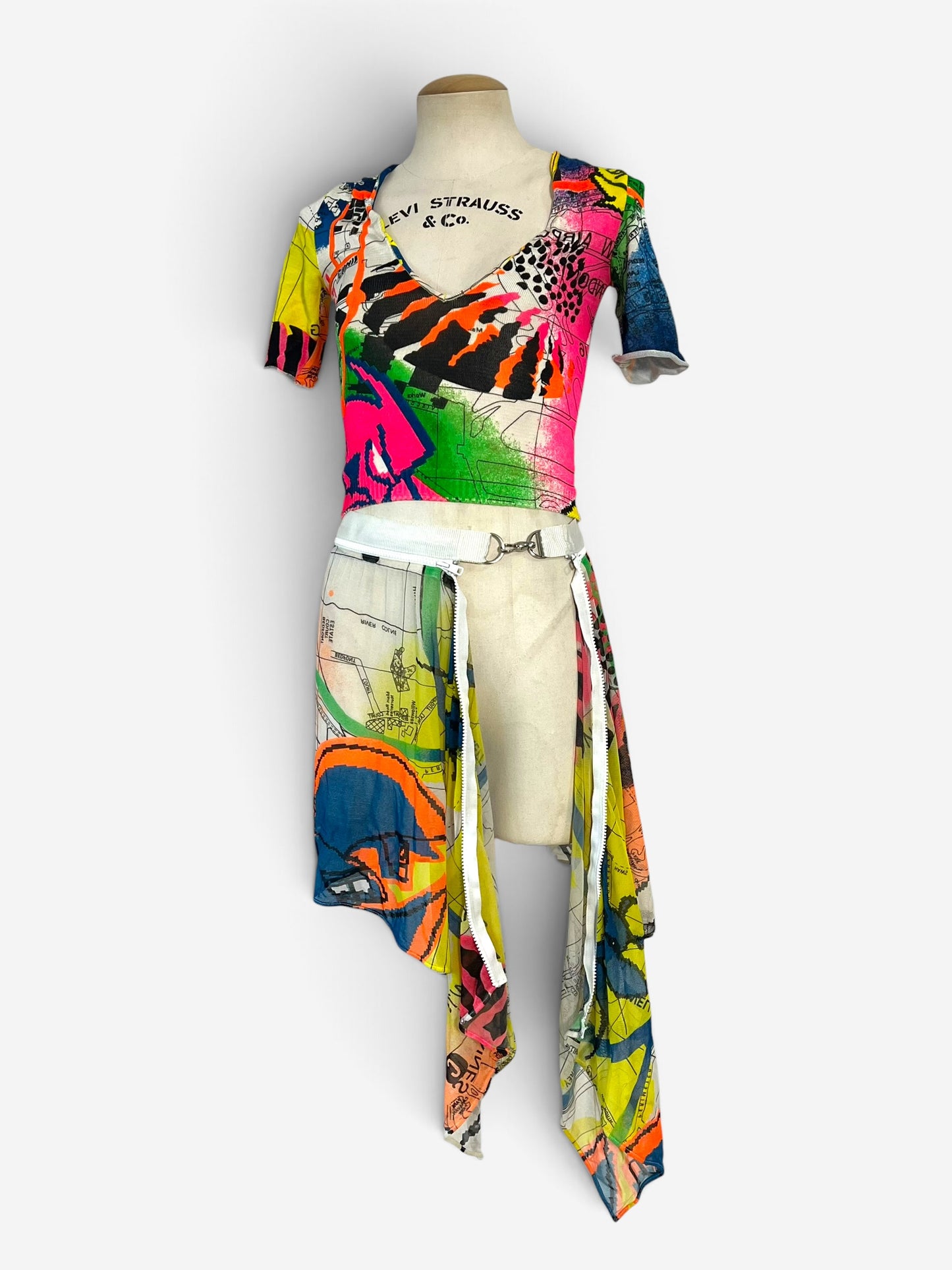 Christian Dior by John Galliano Fall/Winter 2001 neon graffiti London map print mesh skirt ensemble