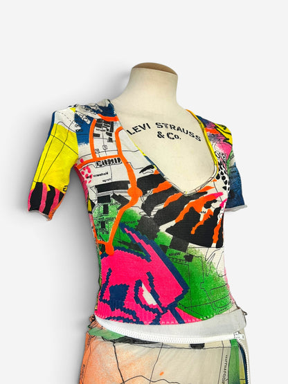 Christian Dior by John Galliano Fall/Winter 2001 neon graffiti London map print mesh skirt ensemble