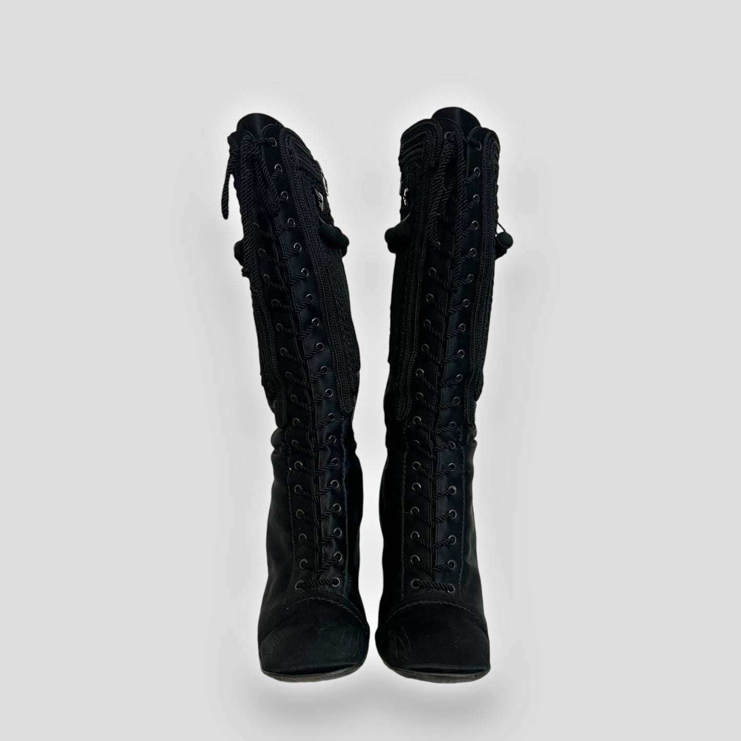 Prada Victorian-Inspired Satin and Leather Embroidered Knee-High Boots