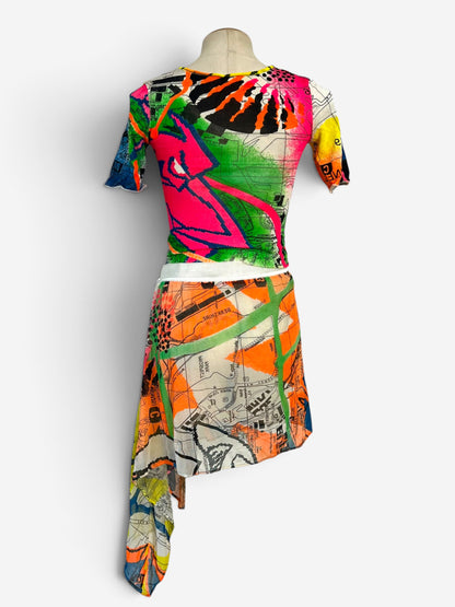 Christian Dior by John Galliano Fall/Winter 2001 neon graffiti London map print mesh skirt ensemble