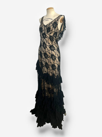 John Galliano, Spanish-Influenced Tiered Black Lace Bias-Cut Gown, 2010s