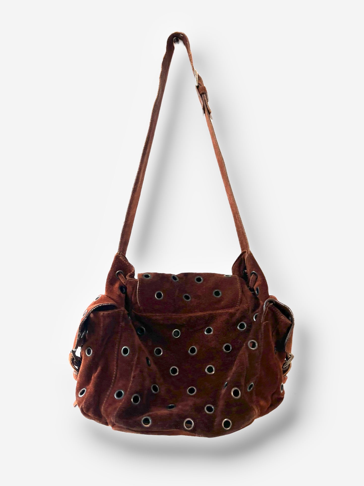 Prada F/W 1999 Brown Suede Grommet Shoulder Buckle Bag