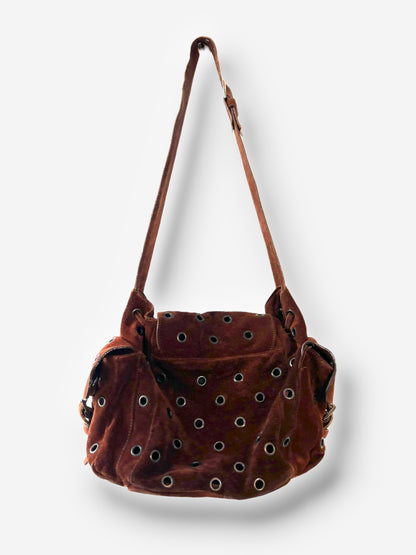 Prada F/W 1999 Brown Suede Grommet Shoulder Buckle Bag