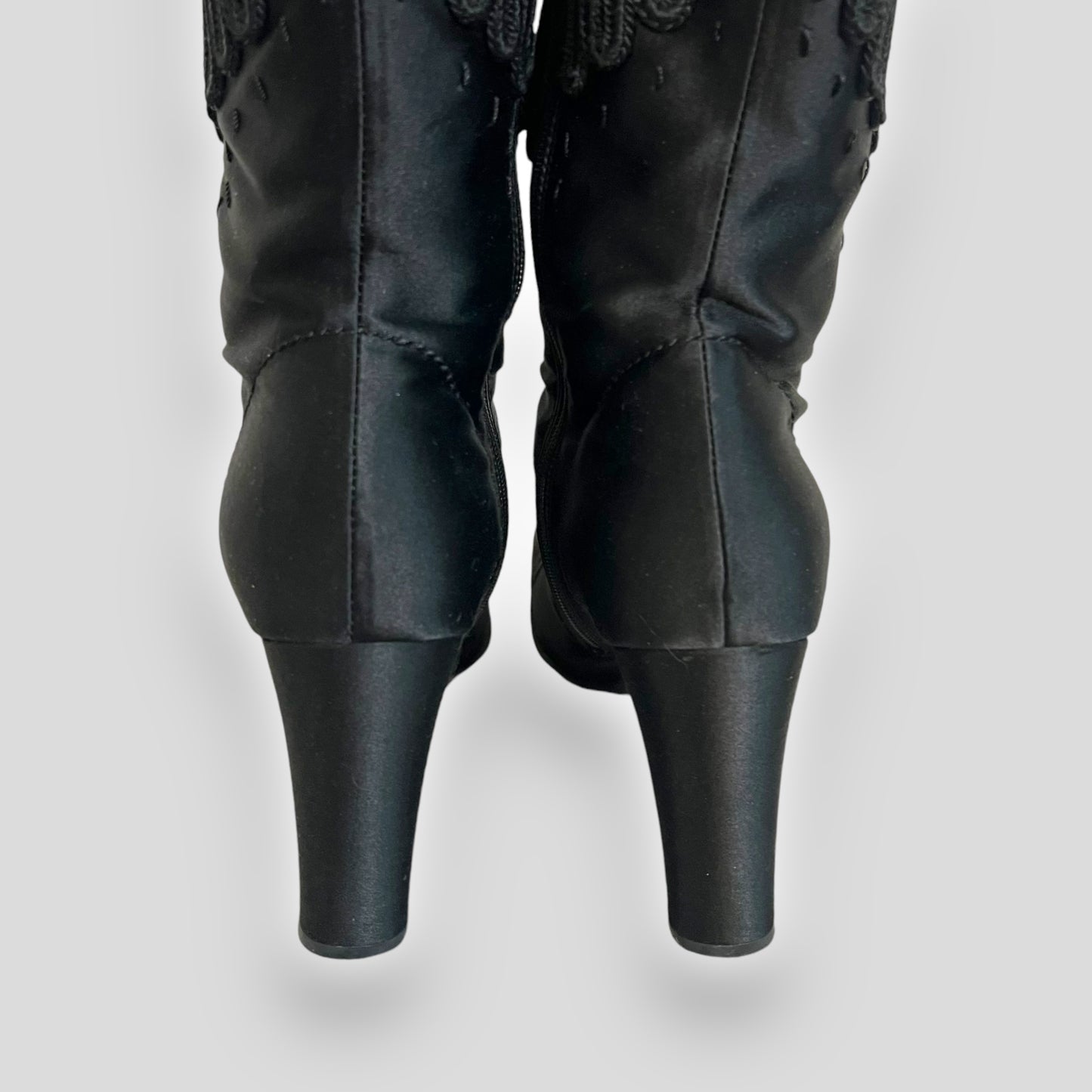 Prada Victorian-Inspired Satin and Leather Embroidered Knee-High Boots