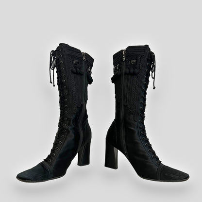 Prada Victorian-Inspired Satin and Leather Embroidered Knee-High Boots