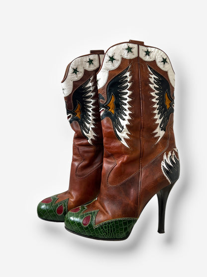 Dolce & Gabbana (D&G) Brown Leather Cowboy Boots with Butterfly Motif, Spring 2004