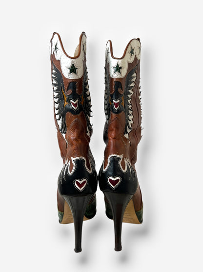 Dolce & Gabbana (D&G) Brown Leather Cowboy Boots with Butterfly Motif, Spring 2004
