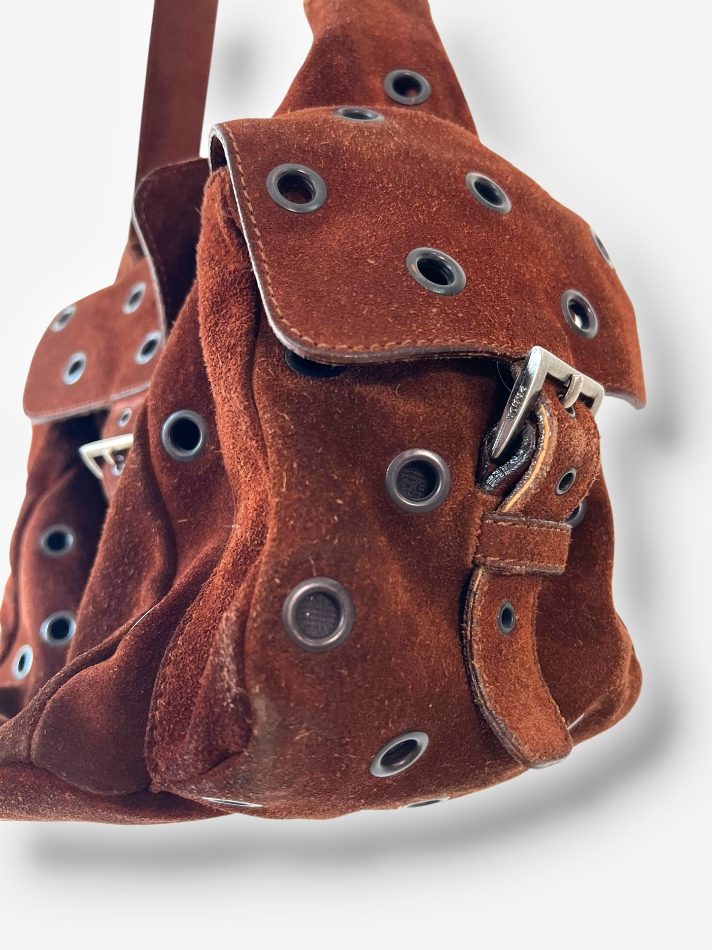 Prada F/W 1999 Brown Suede Grommet Shoulder Buckle Bag