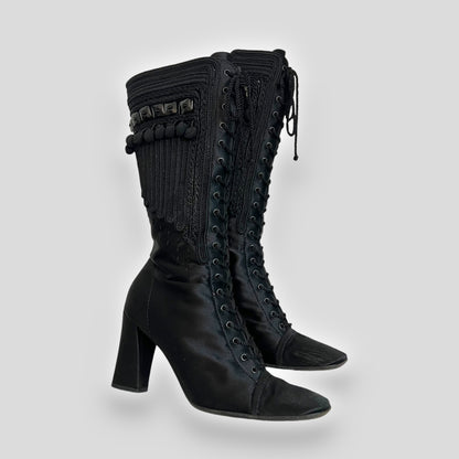 Prada Victorian-Inspired Satin and Leather Embroidered Knee-High Boots