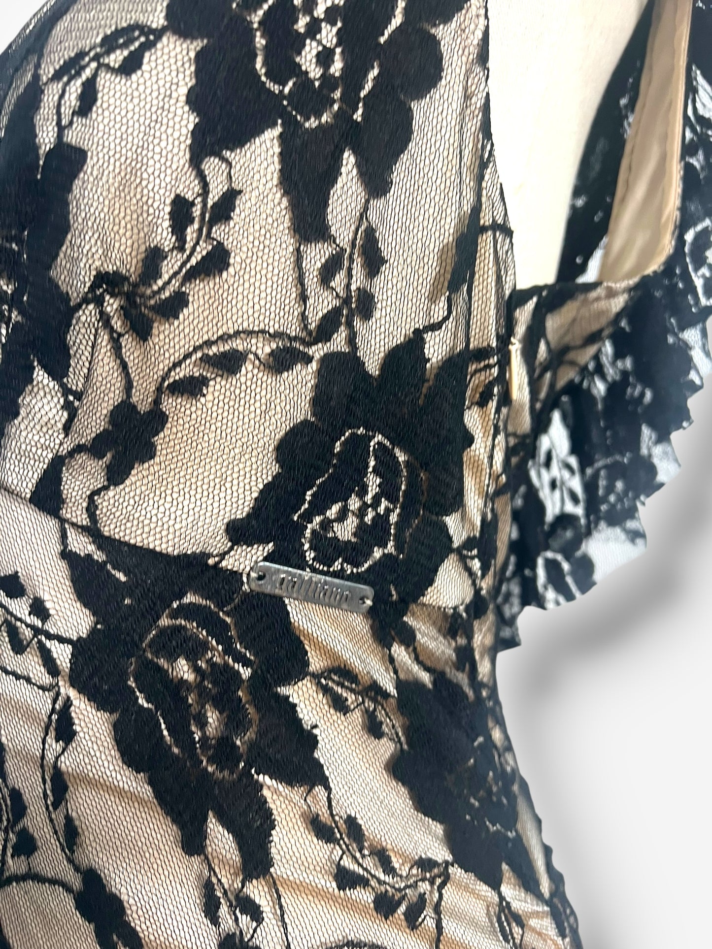 John Galliano, Spanish-Influenced Tiered Black Lace Bias-Cut Gown, 2010s