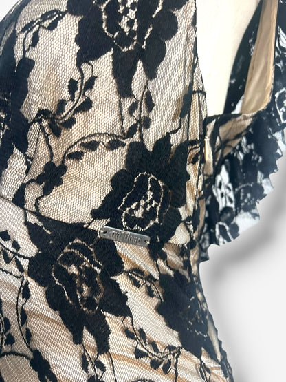 John Galliano, Spanish-Influenced Tiered Black Lace Bias-Cut Gown, 2010s