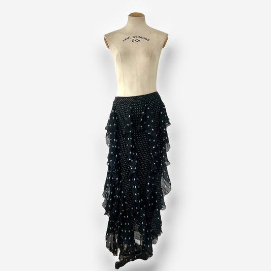 Valentino, Black Polka Dot Silk Ruffle Skirt, Early 2000s
