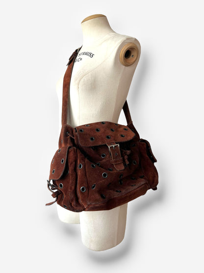 Prada F/W 1999 Brown Suede Grommet Shoulder Buckle Bag