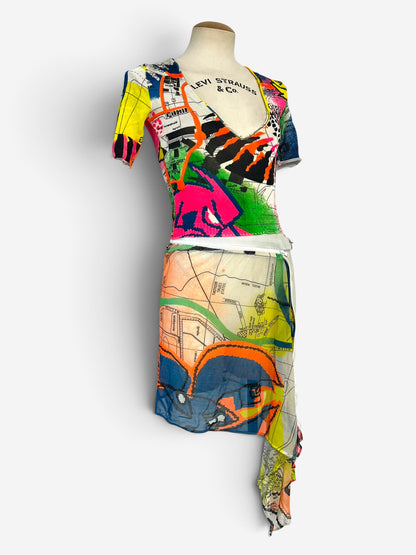 Christian Dior by John Galliano Fall/Winter 2001 neon graffiti London map print mesh skirt ensemble