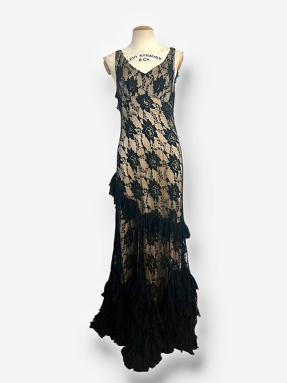 John Galliano, Spanish-Influenced Tiered Black Lace Bias-Cut Gown, 2010s