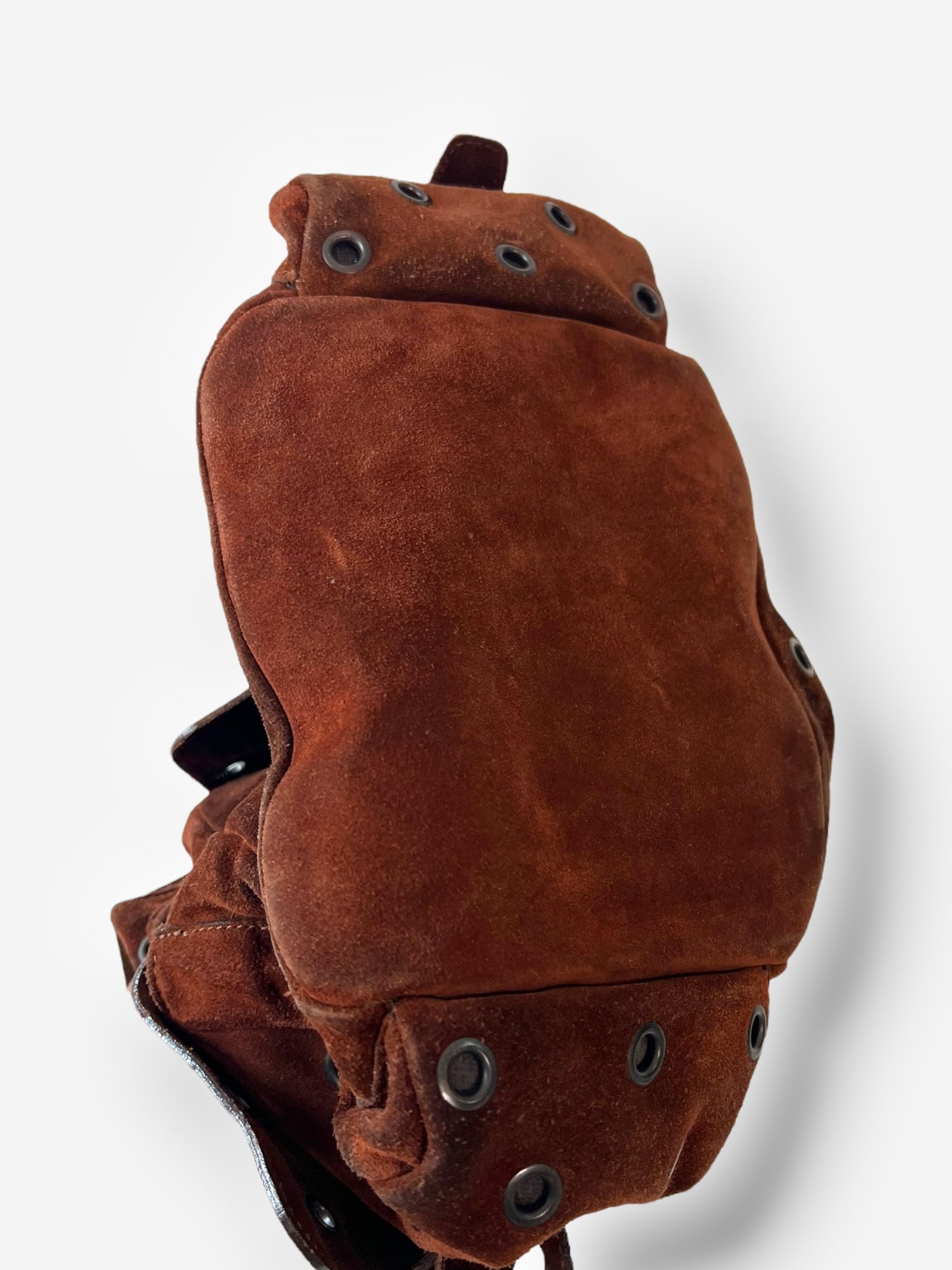 Prada F/W 1999 Brown Suede Grommet Shoulder Buckle Bag
